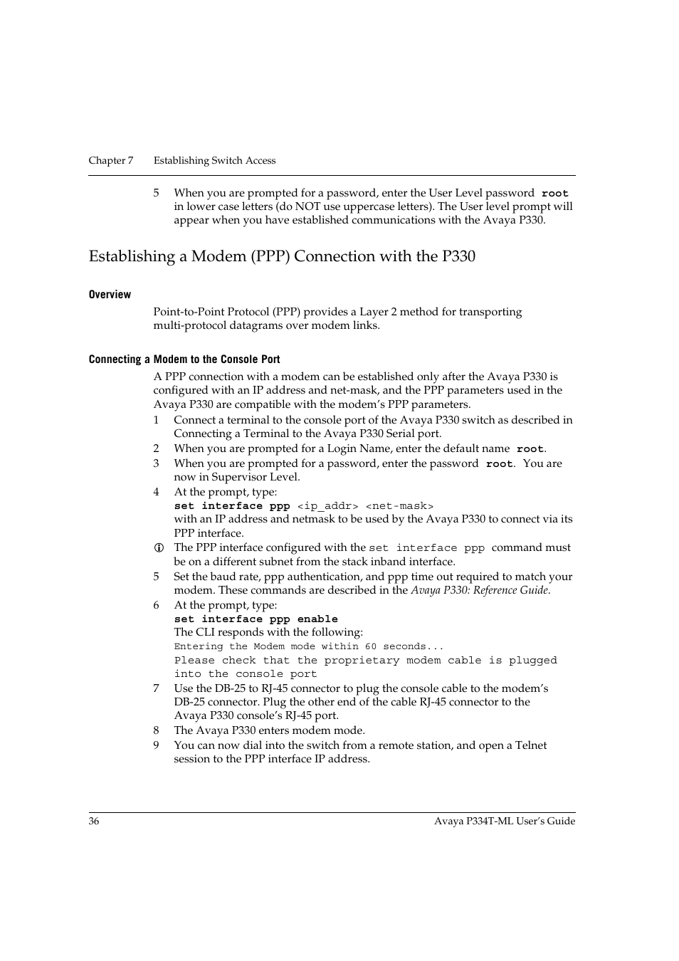 Overview, Connecting a modem to the console port, Overview connecting a modem to the console port | Avaya P334T-ML User Manual | Page 52 / 176