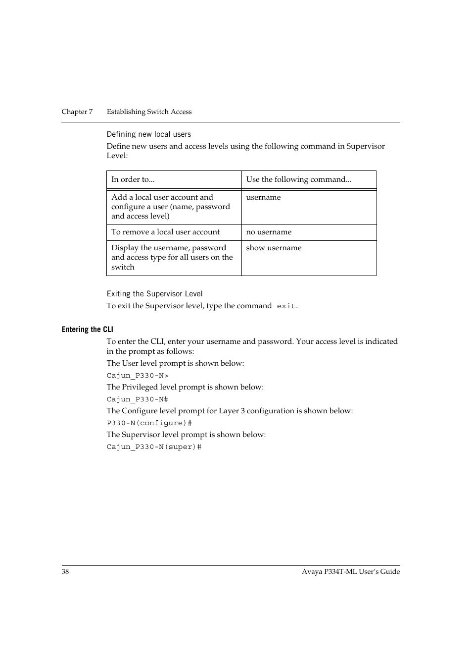 Defining new local users, Exiting the supervisor level, Entering the cli | Avaya P334T-ML User Manual | Page 54 / 176