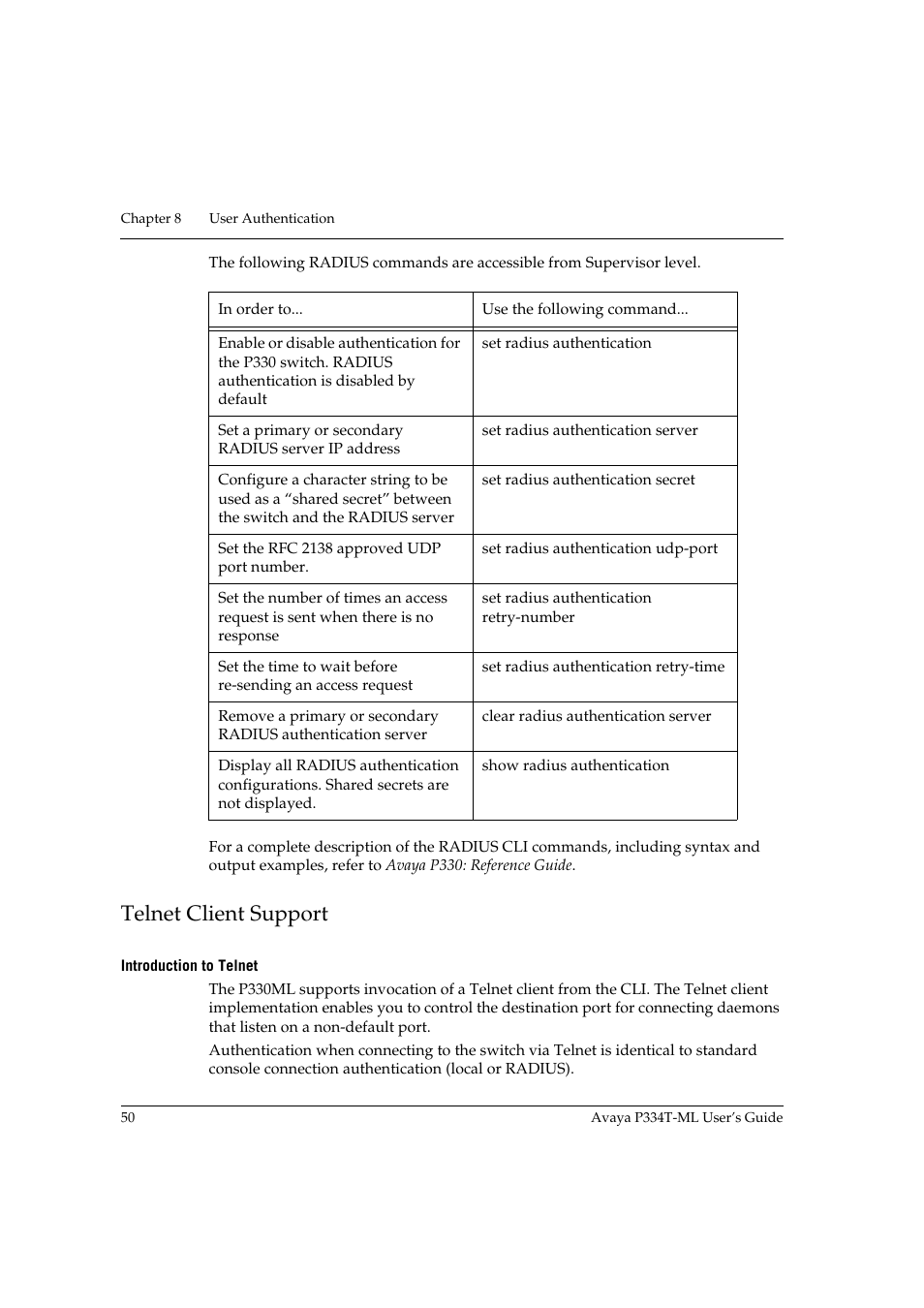 Telnet client support, Introduction to telnet | Avaya P334T-ML User Manual | Page 66 / 176