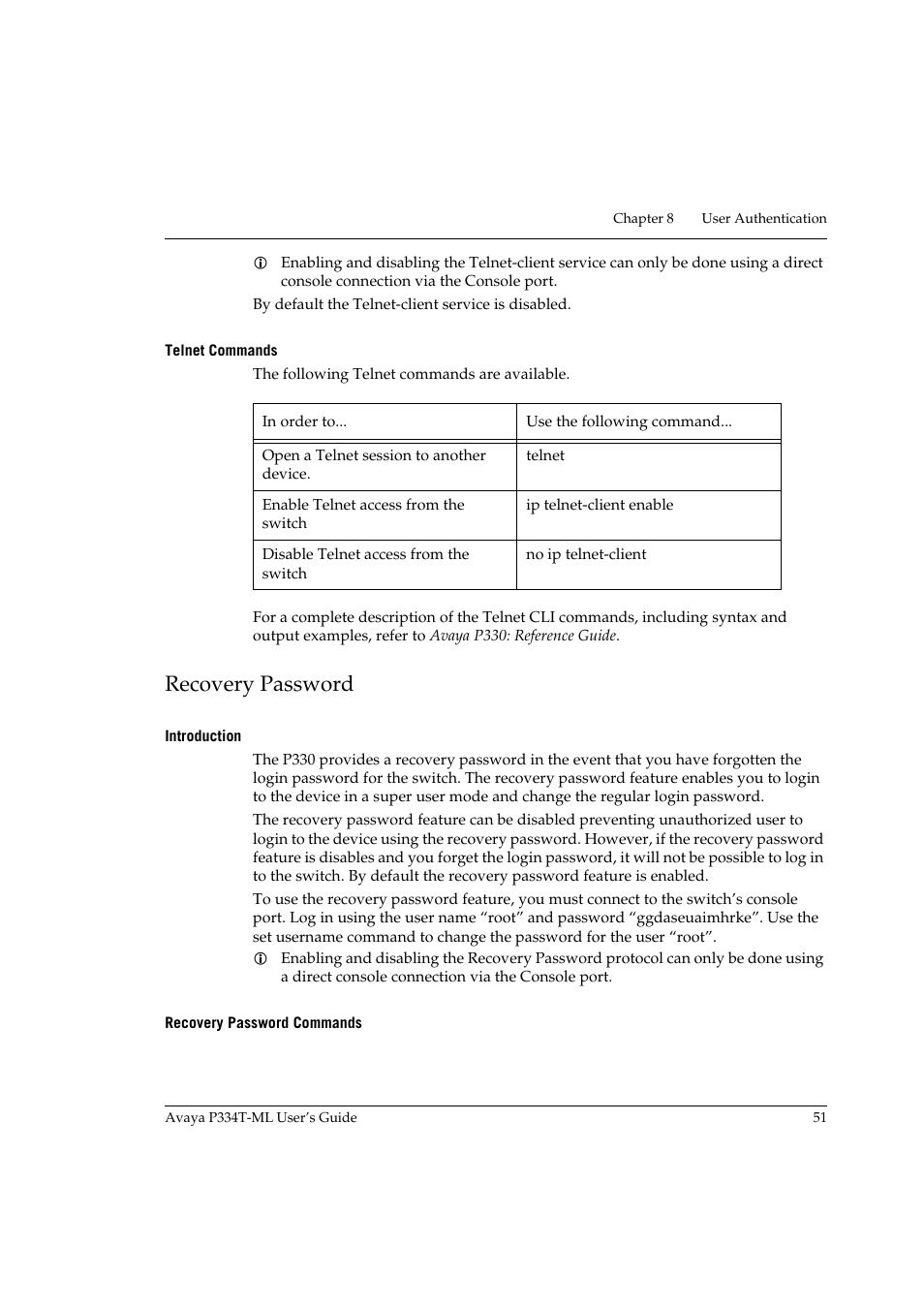 Telnet commands, Recovery password, Introduction | Recovery password commands, Introduction recovery password commands | Avaya P334T-ML User Manual | Page 67 / 176
