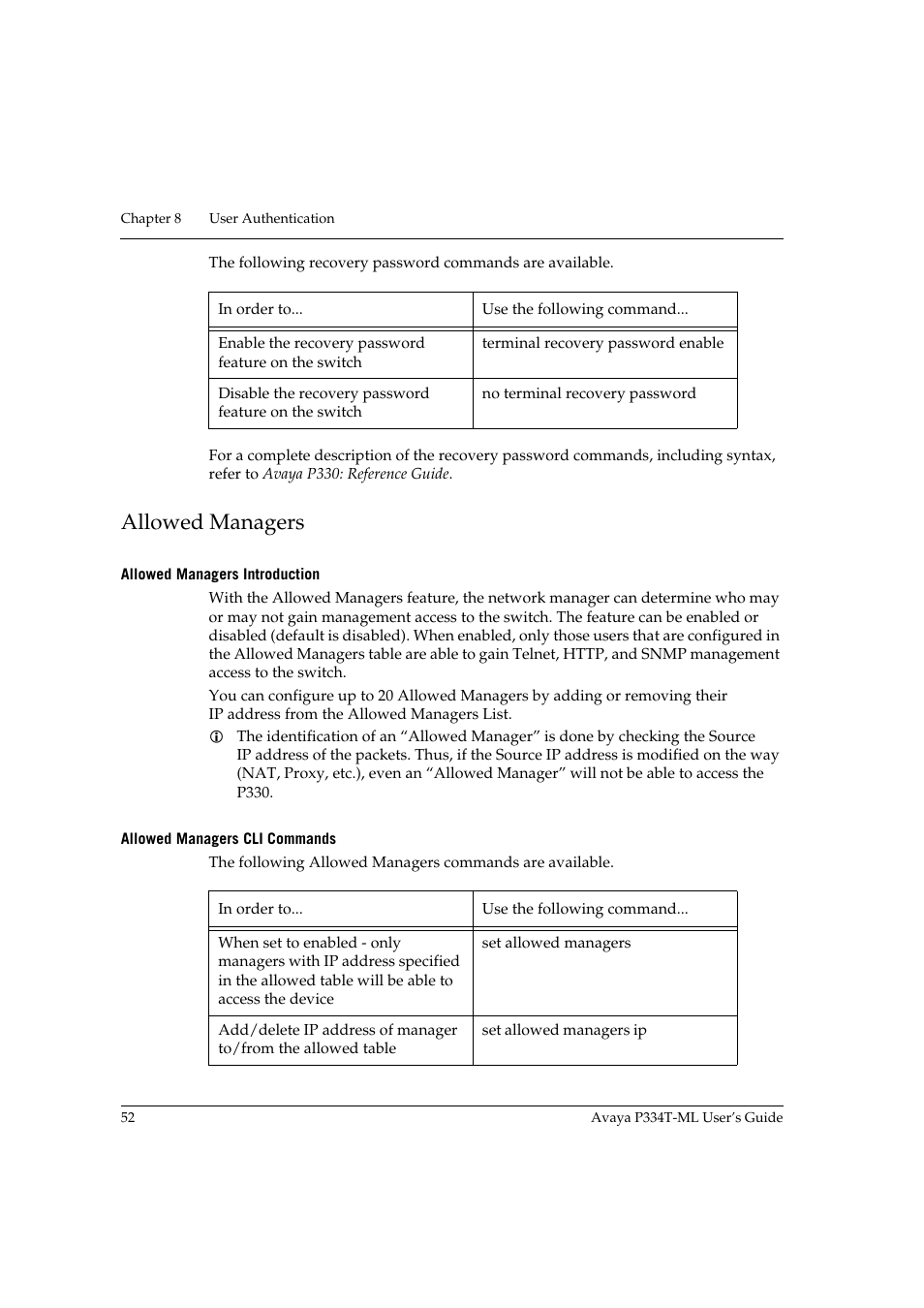 Allowed managers, Allowed managers introduction, Allowed managers cli commands | Avaya P334T-ML User Manual | Page 68 / 176