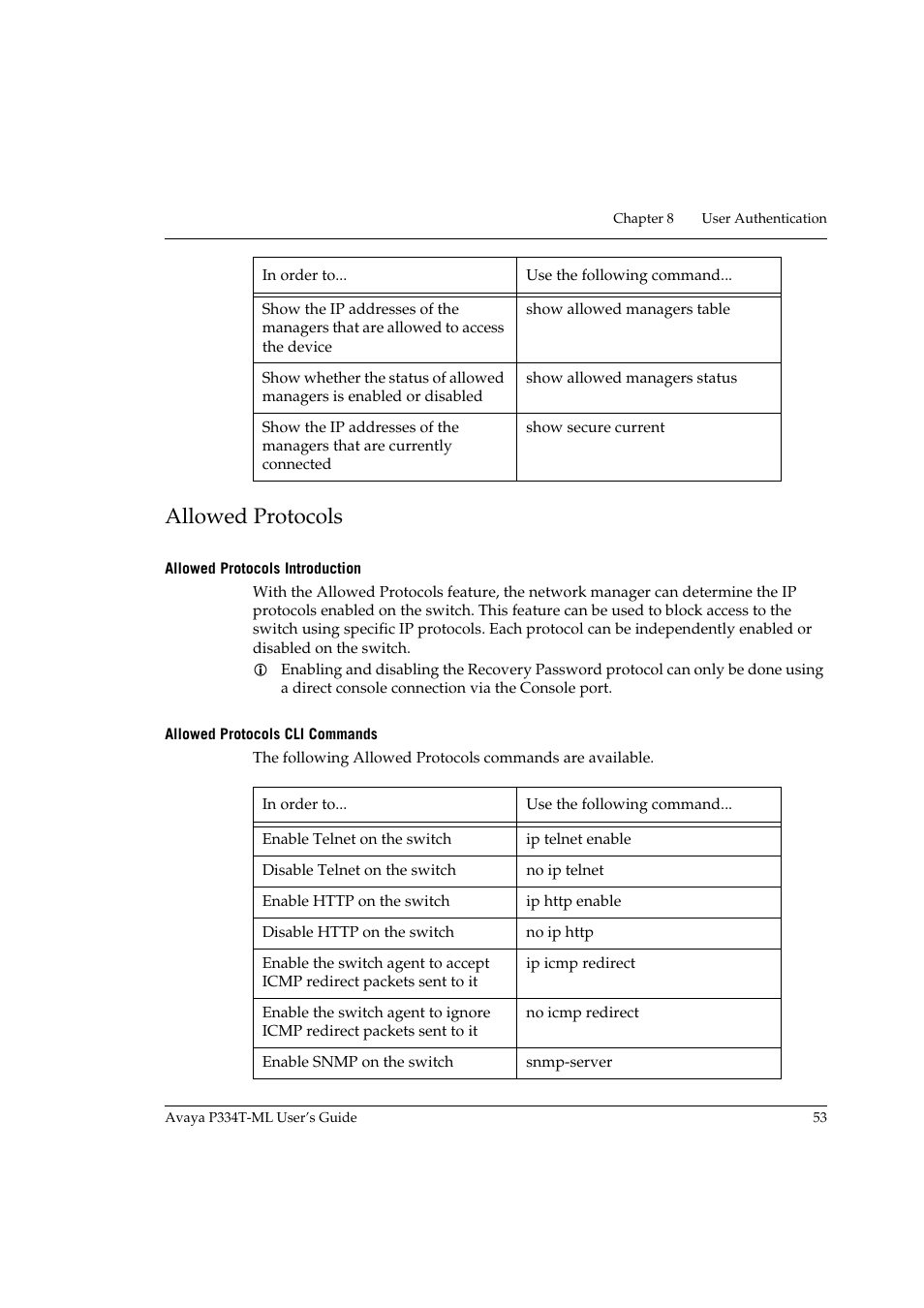 Allowed protocols, Allowed protocols introduction, Allowed protocols cli commands | Avaya P334T-ML User Manual | Page 69 / 176