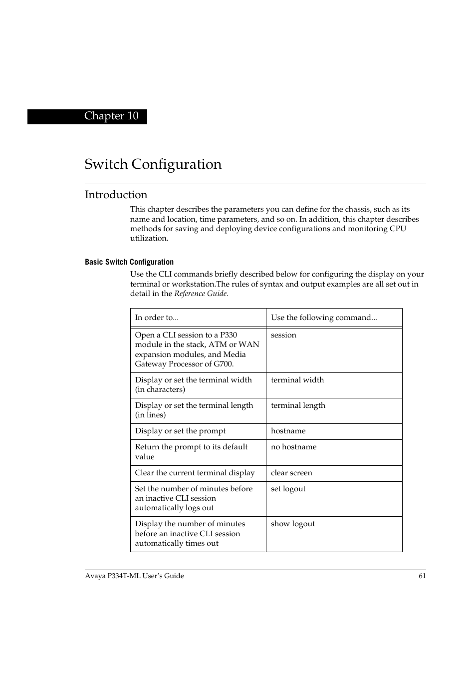 Switch configuration, Introduction, Basic switch configuration | Chapter 10 | Avaya P334T-ML User Manual | Page 77 / 176