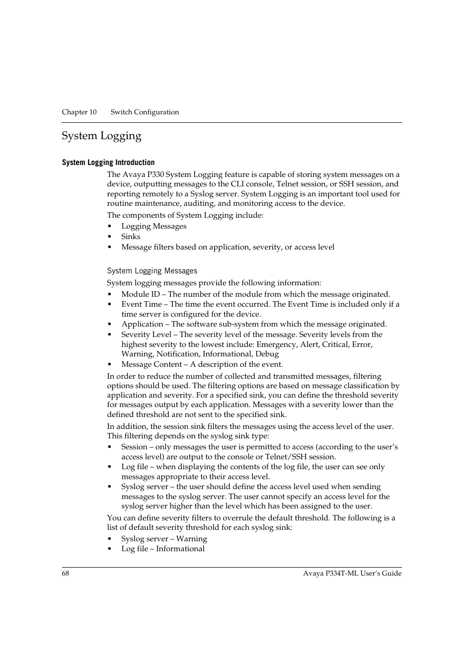 System logging, System logging introduction, System logging messages | Avaya P334T-ML User Manual | Page 84 / 176