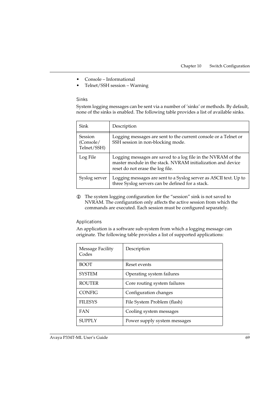 Sinks, Applications, Sinks applications | Avaya P334T-ML User Manual | Page 85 / 176