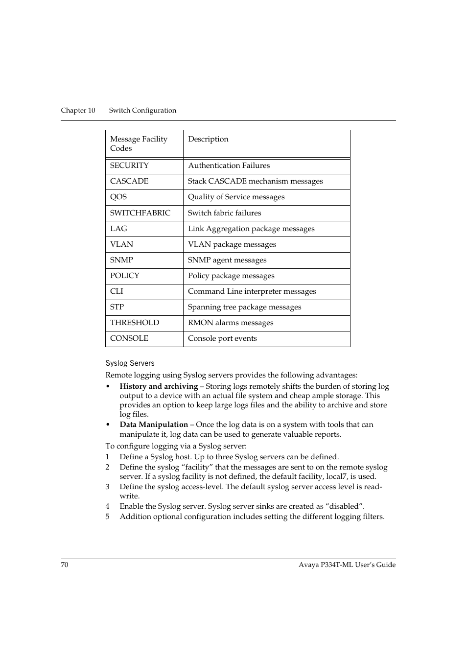Syslog servers | Avaya P334T-ML User Manual | Page 86 / 176