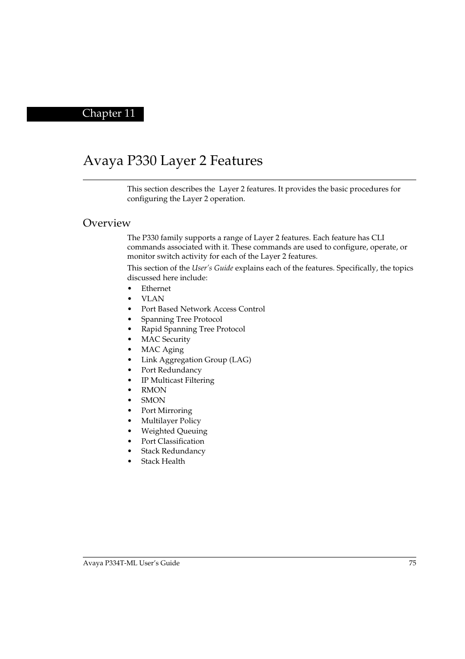 Avaya p330 layer 2 features, Overview, Chapter 11 | Avaya P334T-ML User Manual | Page 91 / 176