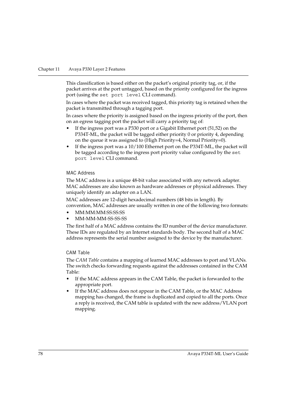 Mac address, Cam table, Mac address cam table | Avaya P334T-ML User Manual | Page 94 / 176