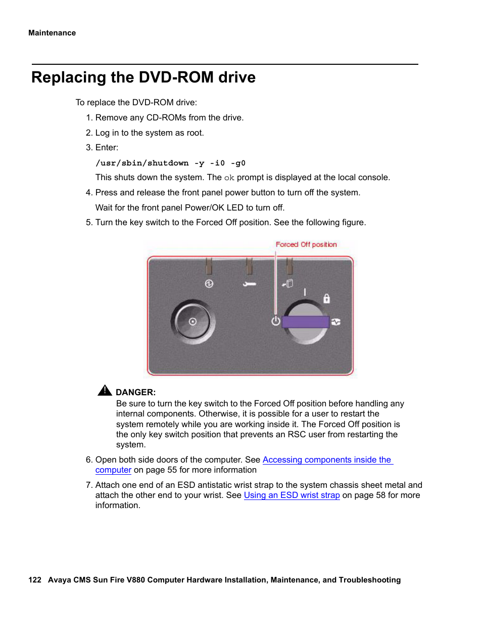 Replacing the dvd-rom drive | Avaya Sun Fire V880 User Manual | Page 122 / 208