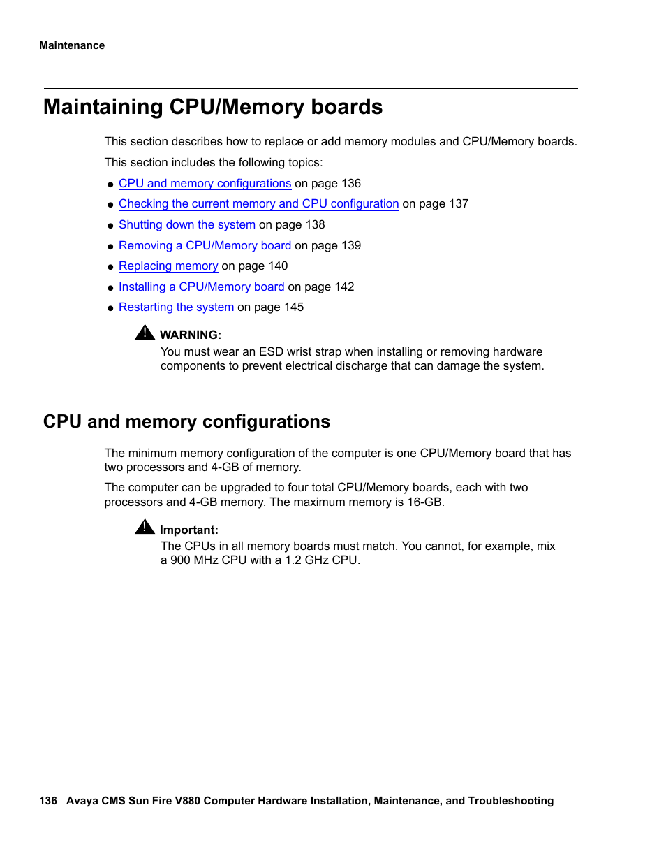 Maintaining cpu/memory boards, Cpu and memory configurations | Avaya Sun Fire V880 User Manual | Page 136 / 208