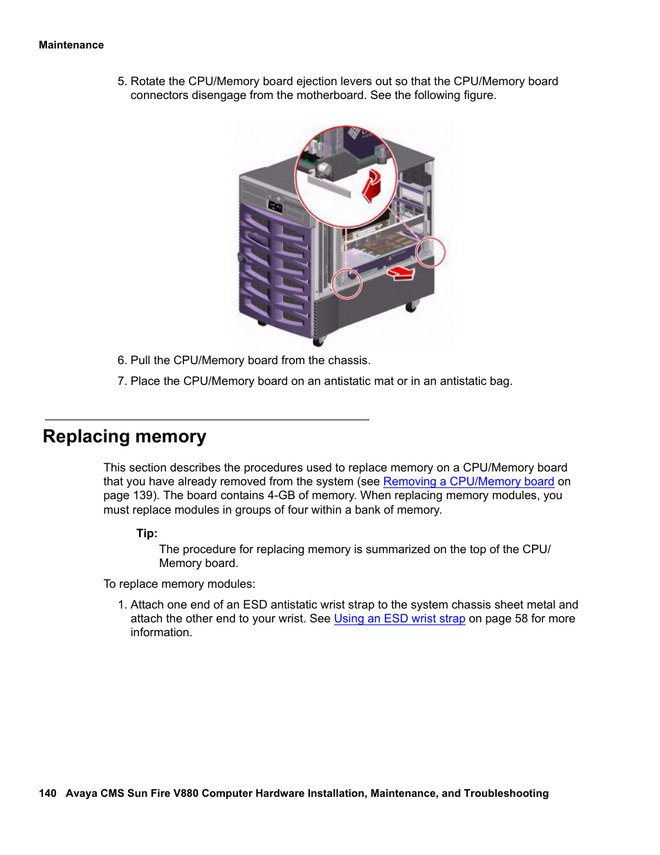 Replacing memory | Avaya Sun Fire V880 User Manual | Page 140 / 208