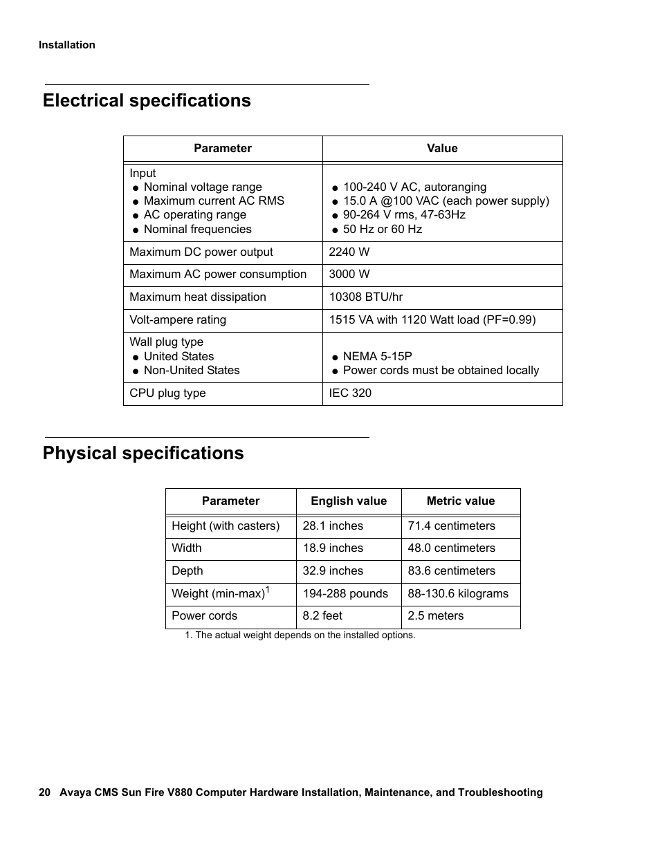 Electrical specifications, Physical specifications, Electrical specifications physical specifications | Avaya Sun Fire V880 User Manual | Page 20 / 208