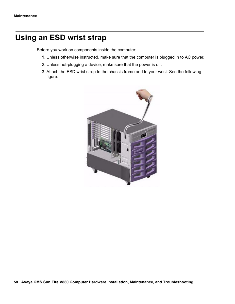 Using an esd wrist strap | Avaya Sun Fire V880 User Manual | Page 58 / 208