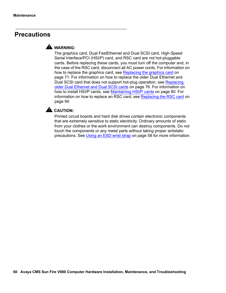 Precautions | Avaya Sun Fire V880 User Manual | Page 60 / 208