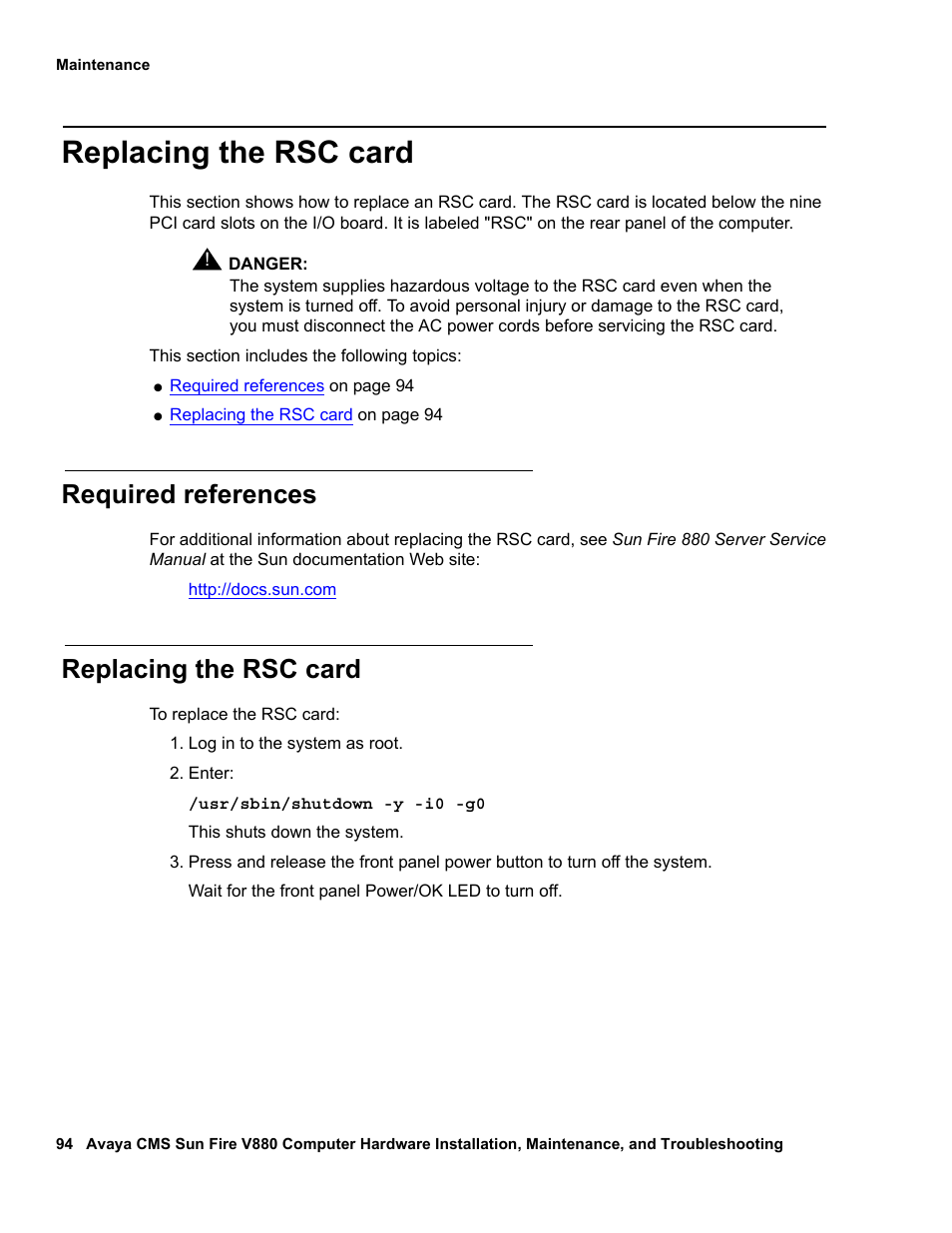 Replacing the rsc card, Required references, Rsc card, see | Avaya Sun Fire V880 User Manual | Page 94 / 208