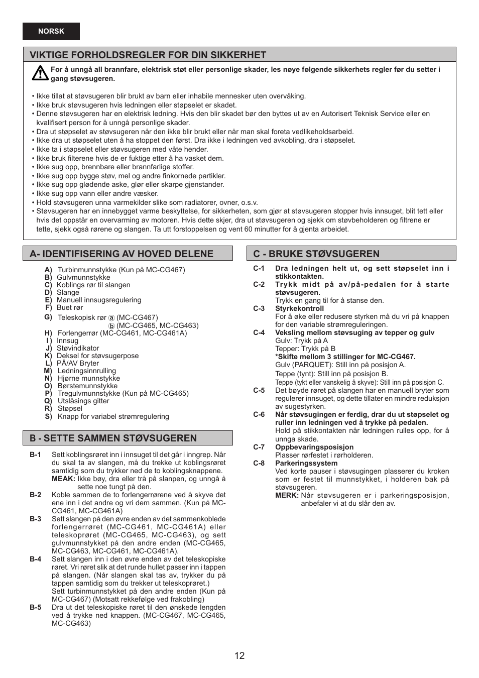 Viktige forholdsregler for din sikkerhet | Panasonic MCCG467 User Manual | Page 12 / 32