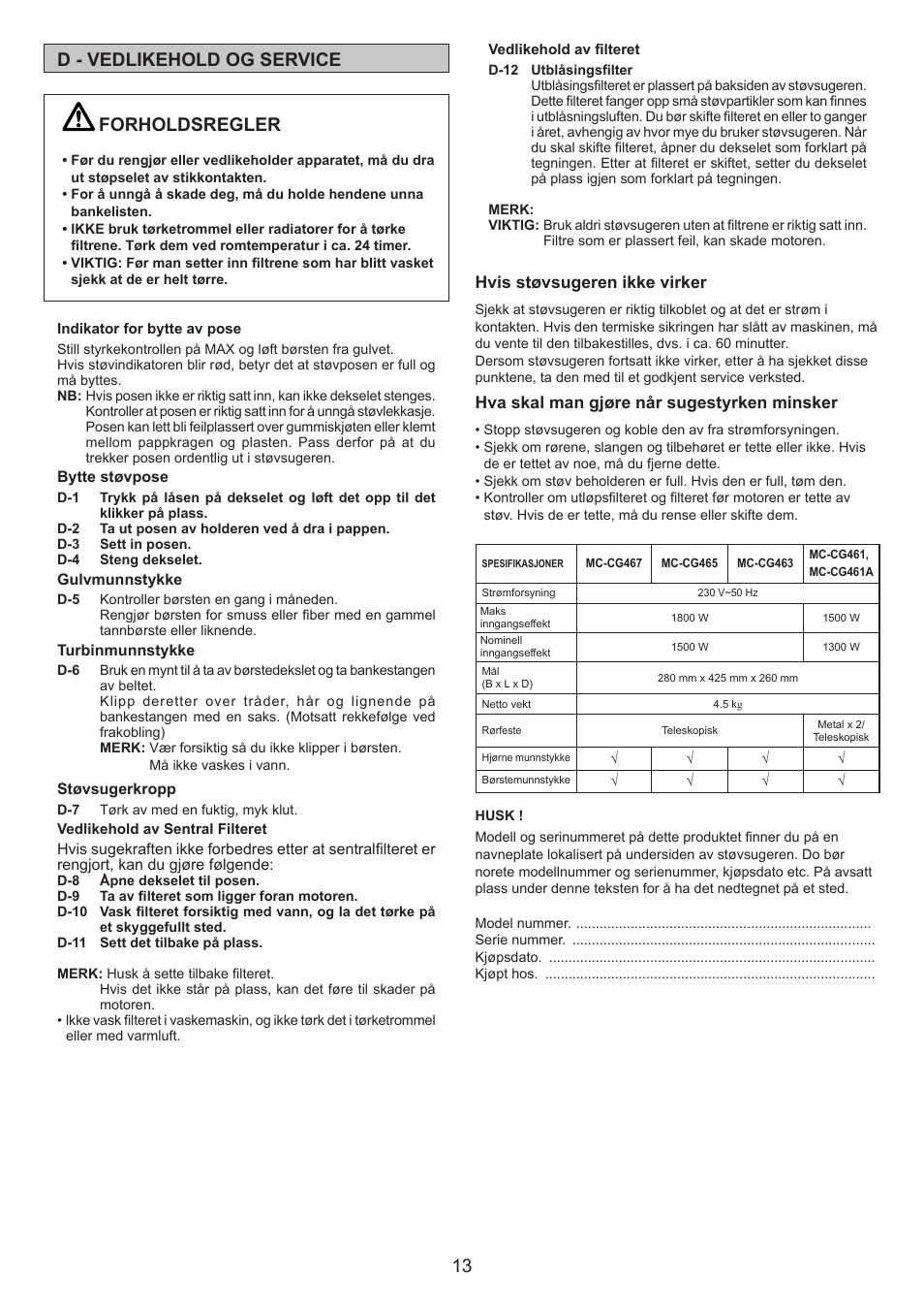 13 d - vedlikehold og service, Forholdsregler | Panasonic MCCG467 User Manual | Page 13 / 32