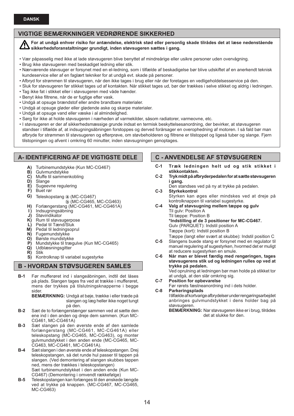 Vigtige bemærkninger vedrørende sikkerhed | Panasonic MCCG467 User Manual | Page 14 / 32