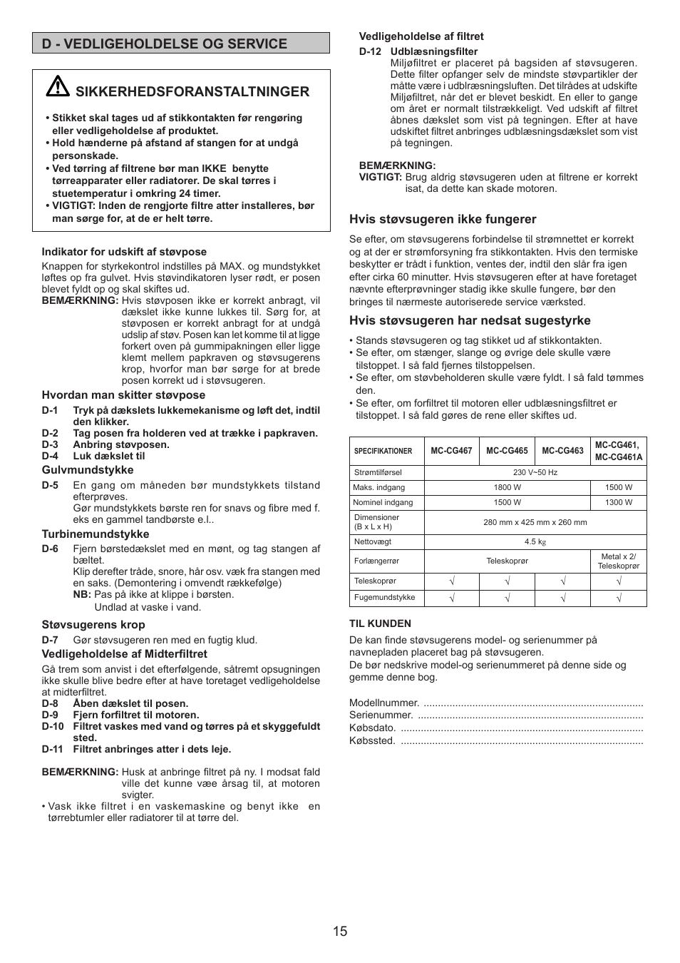 15 d - vedligeholdelse og service, Sikkerhedsforanstaltninger | Panasonic MCCG467 User Manual | Page 15 / 32