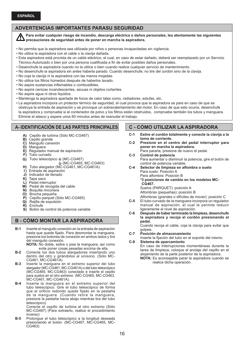 Advertencias importantes parasu seguridad | Panasonic MCCG467 User Manual | Page 16 / 32