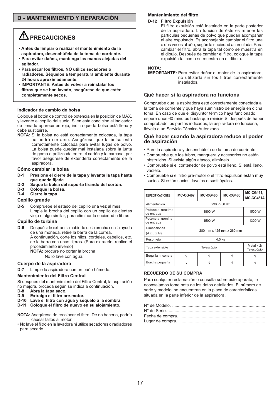 17 d - mantenimiento y reparación, Precauciones | Panasonic MCCG467 User Manual | Page 17 / 32