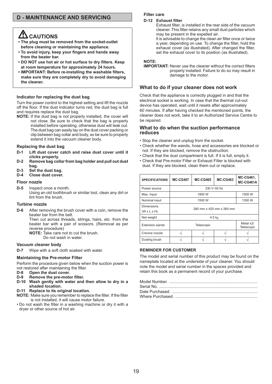 19 d - maintenance and servicing, Cautions | Panasonic MCCG467 User Manual | Page 19 / 32