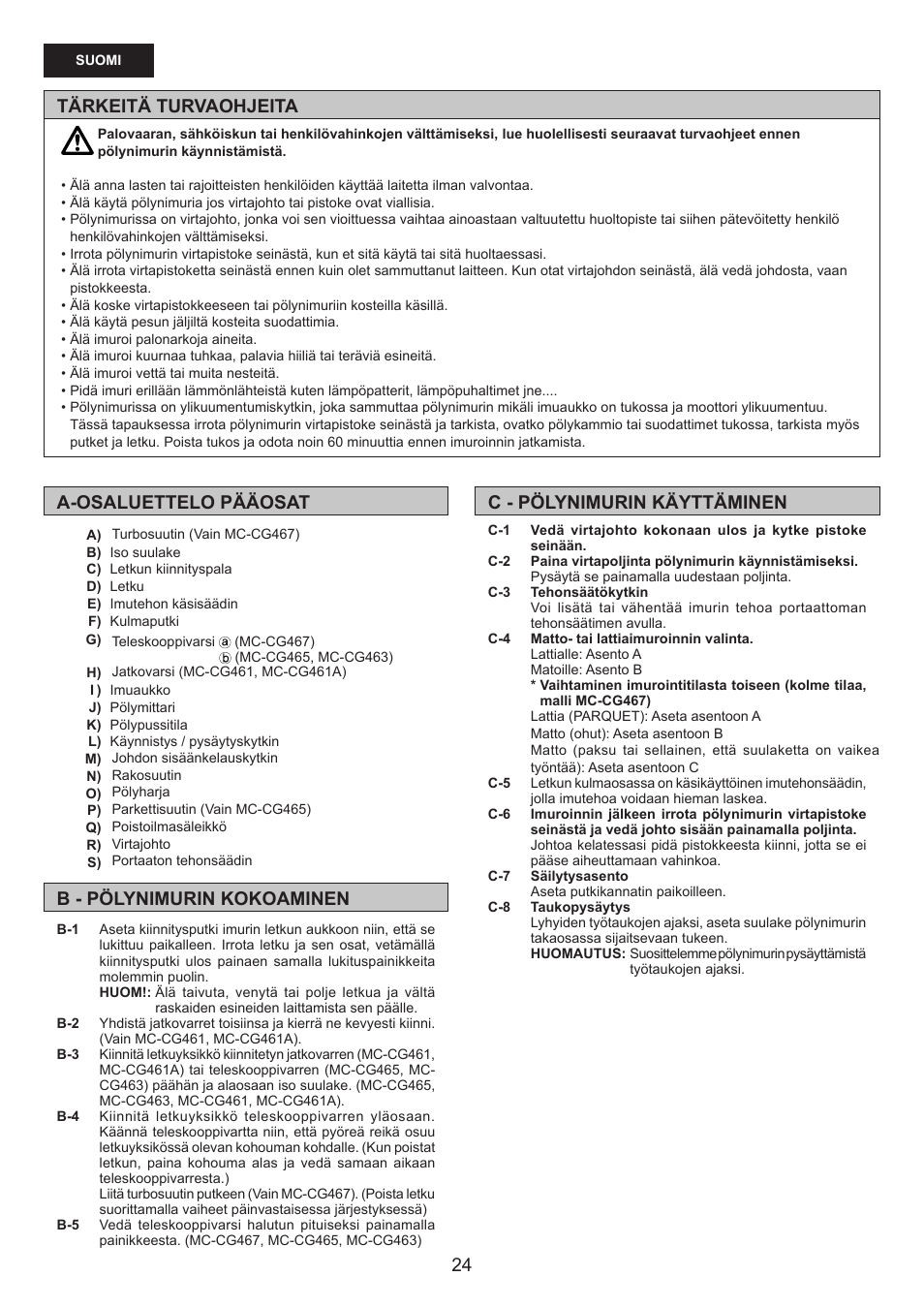 Tärkeitä turvaohjeita | Panasonic MCCG467 User Manual | Page 24 / 32