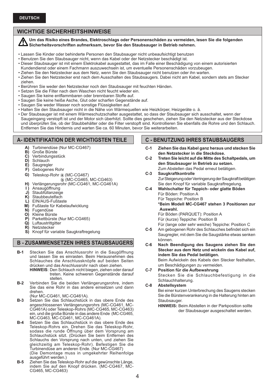 Wichtige sicherheitshinweise | Panasonic MCCG467 User Manual | Page 4 / 32