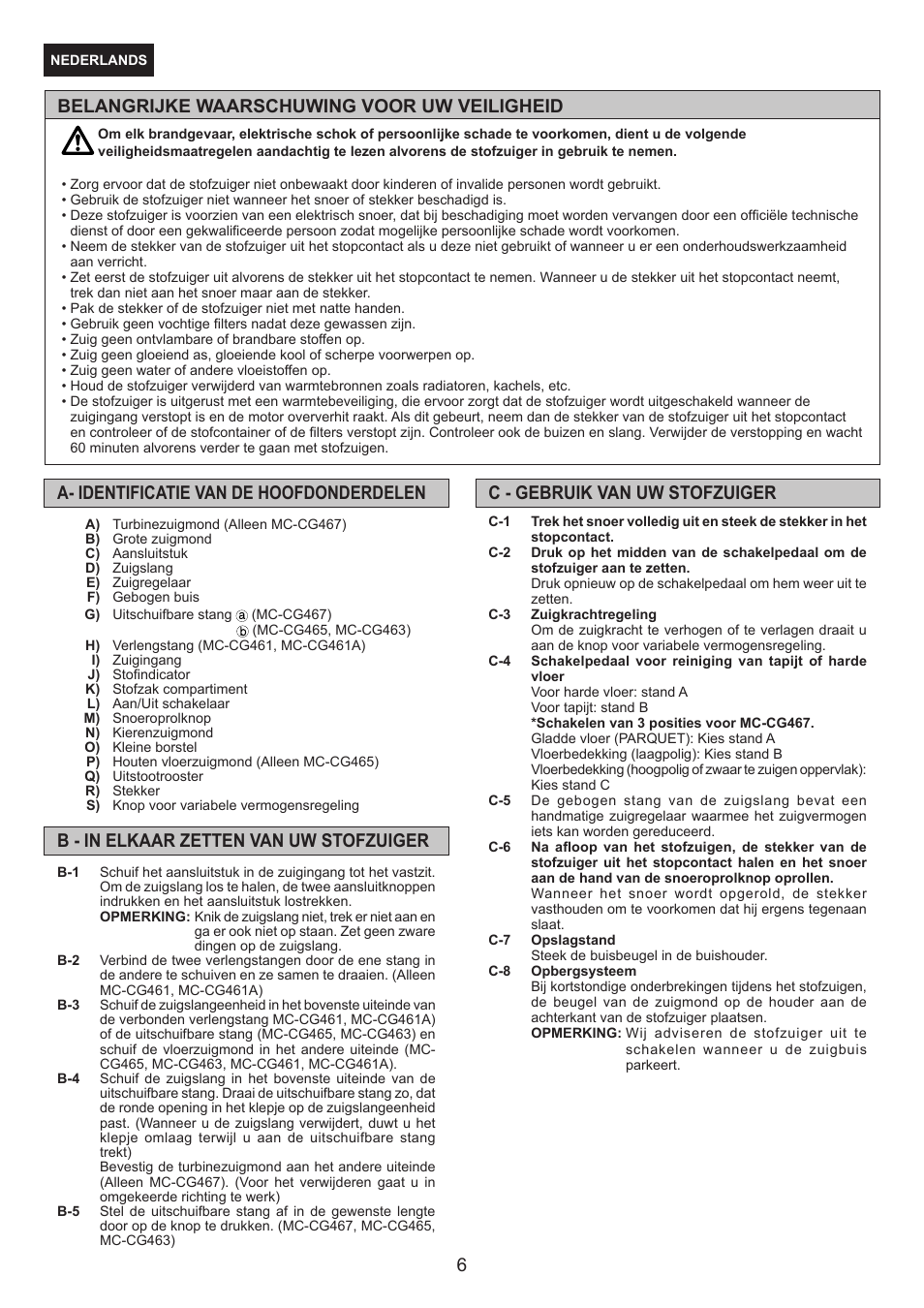 Belangrijke waarschuwing voor uw veiligheid | Panasonic MCCG467 User Manual | Page 6 / 32