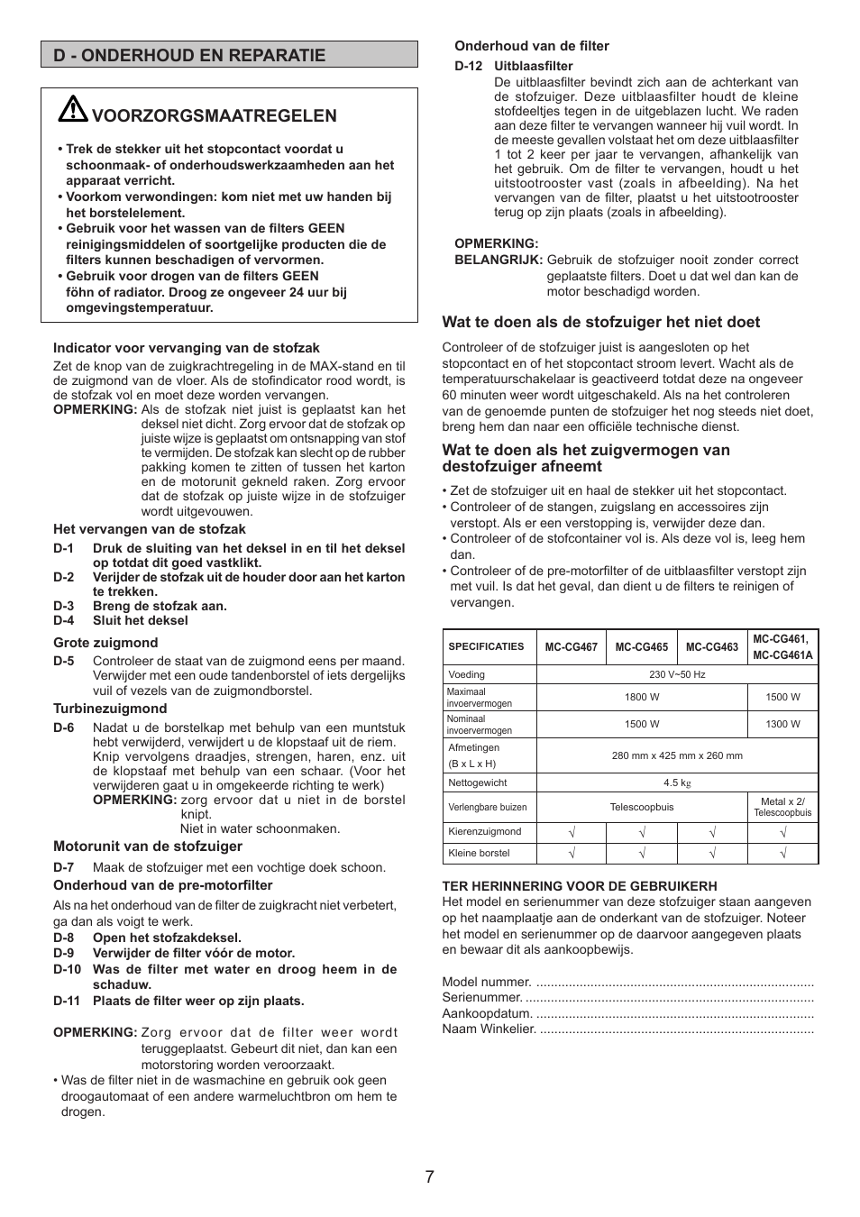 7d - onderhoud en reparatie, Voorzorgsmaatregelen | Panasonic MCCG467 User Manual | Page 7 / 32