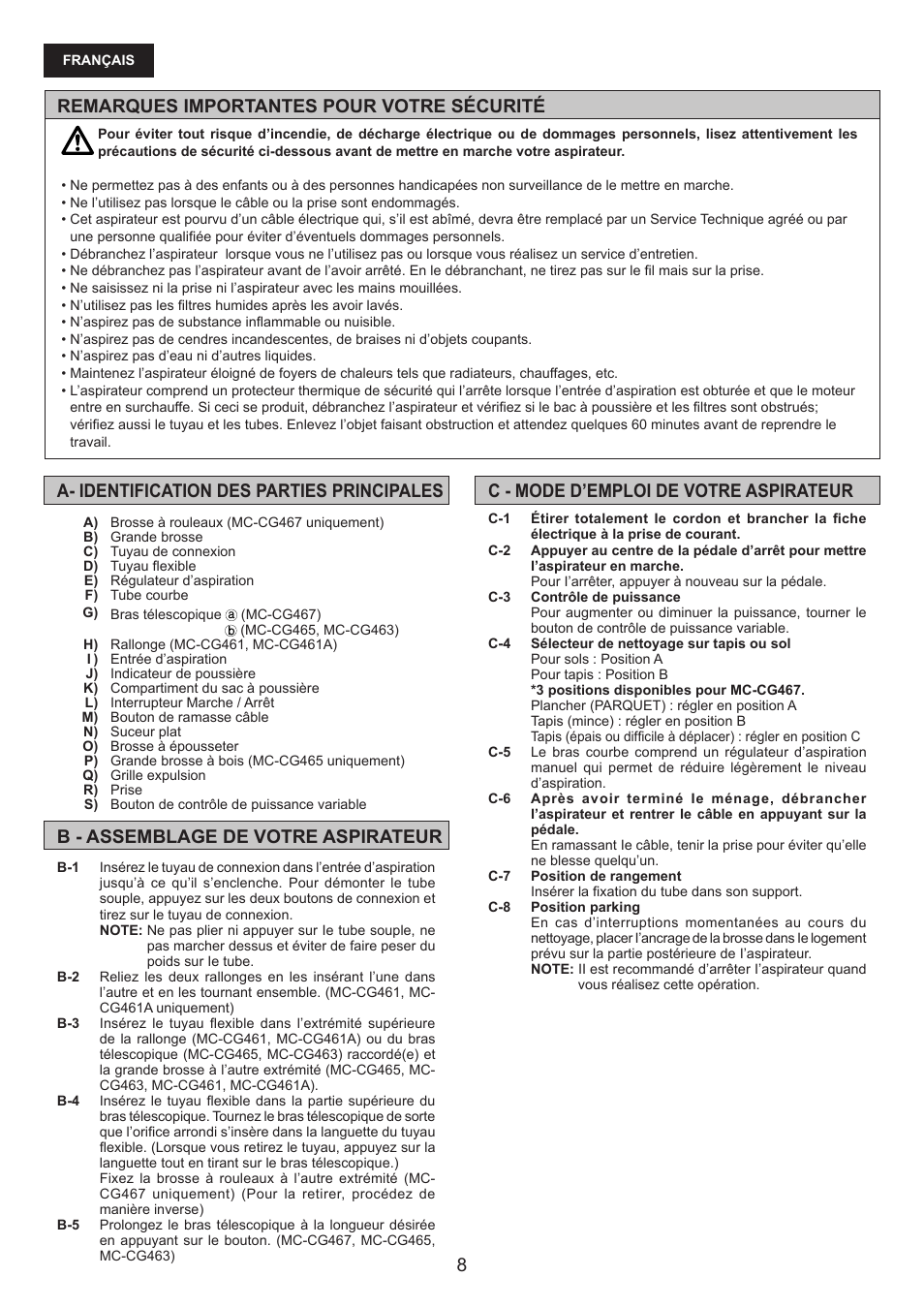 Remarques importantes pour votre sécurité | Panasonic MCCG467 User Manual | Page 8 / 32