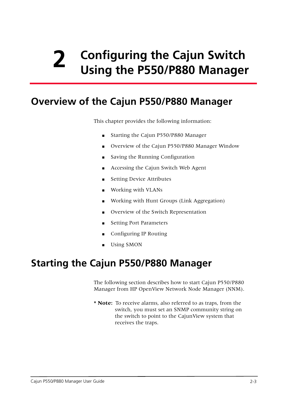 Overview of the cajun p550/p880 manager, Starting the cajun p550/p880 manager, Chapter 2 — configuring the cajun switch using | The p550/p880 manager 2-3 | Avaya Cajun P550 User Manual | Page 11 / 58