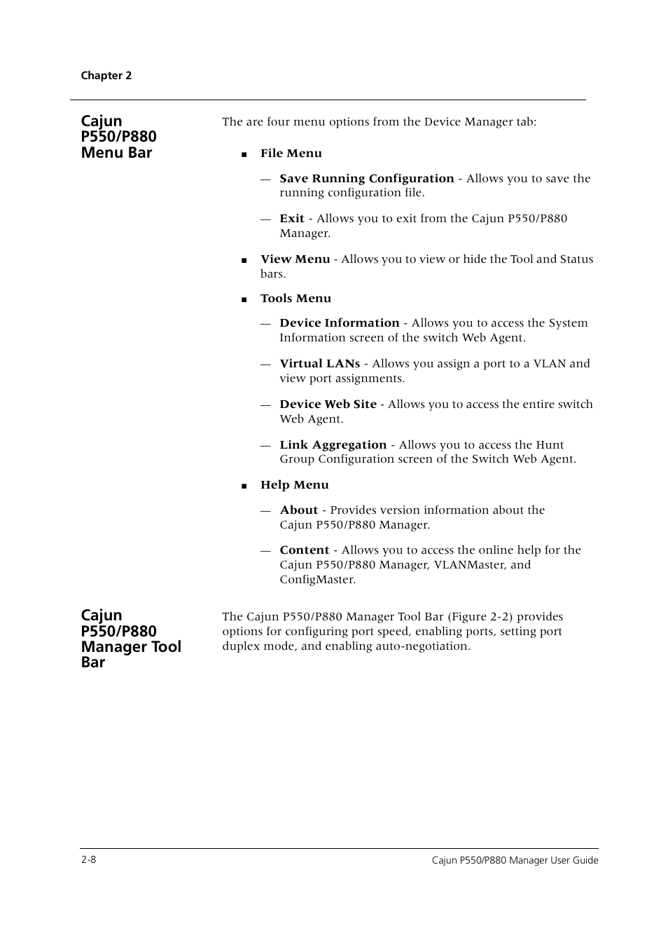 Cajun p550/p880 menu bar, Cajun p550/p880 manager tool bar | Avaya Cajun P550 User Manual | Page 16 / 58