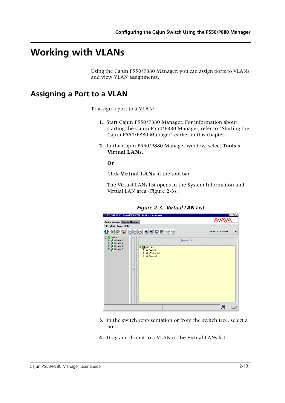 Working with vlans, Assigning a port to a vlan, Working with vlans -13 | Assigning a port to a vlan -13 | Avaya Cajun P550 User Manual | Page 21 / 58