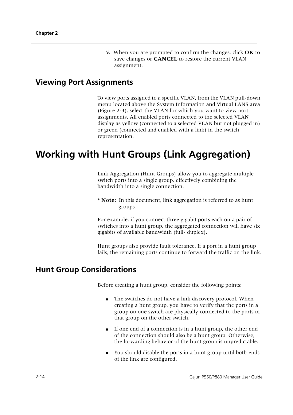 Viewing port assignments, Working with hunt groups (link aggregation), Hunt group considerations | Viewing port assignments -14, Working with hunt groups (link aggregation) -14, Hunt group considerations -14 | Avaya Cajun P550 User Manual | Page 22 / 58