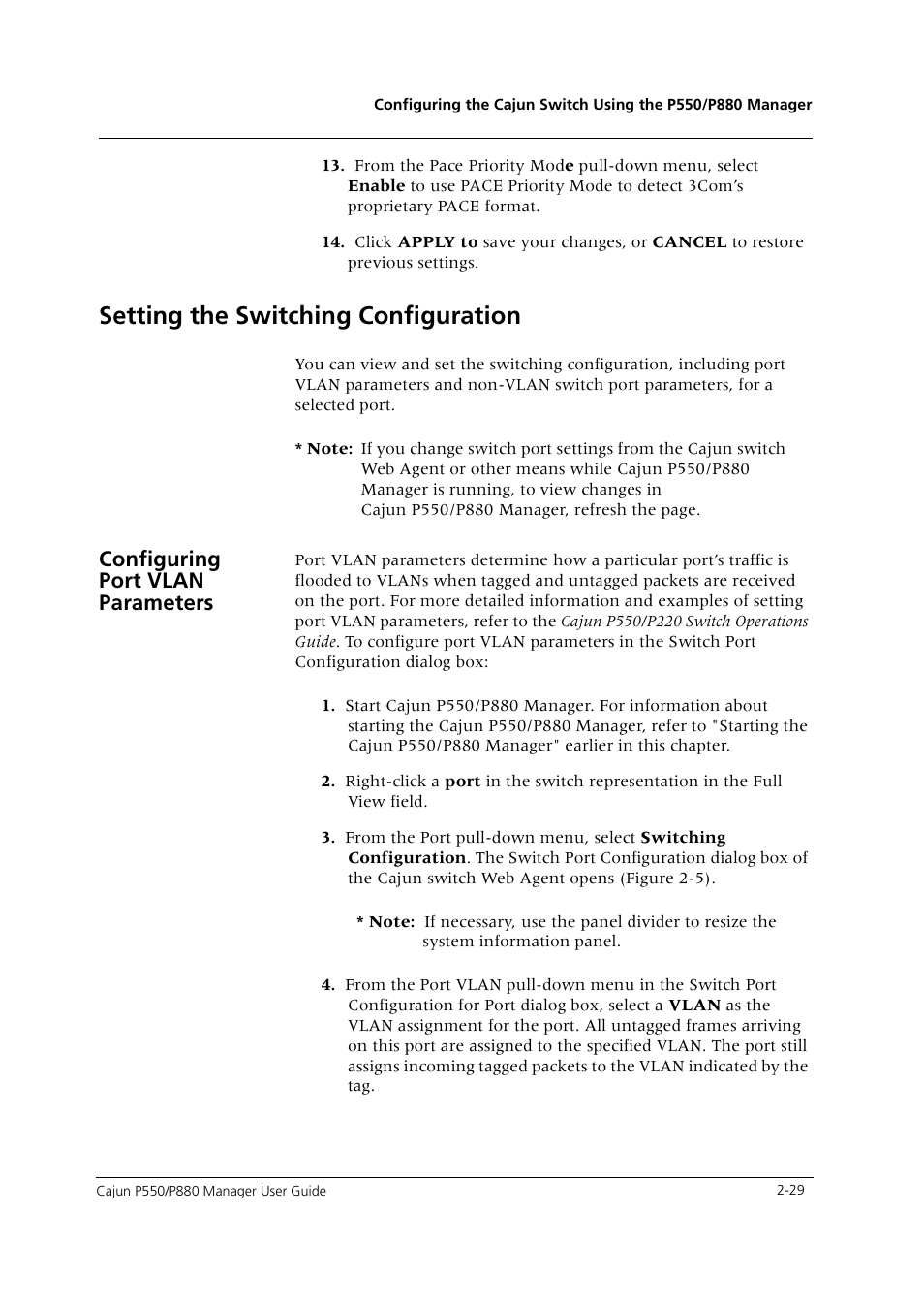 Setting the switching configuration, Configuring port vlan parameters, Setting the switching configuration -29 | Configuring port vlan parameters -29 | Avaya Cajun P550 User Manual | Page 37 / 58