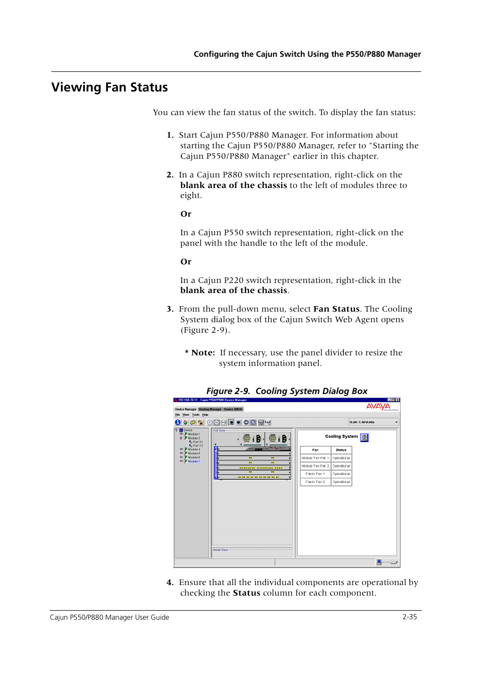 Viewing fan status, Viewing fan status -35 | Avaya Cajun P550 User Manual | Page 43 / 58