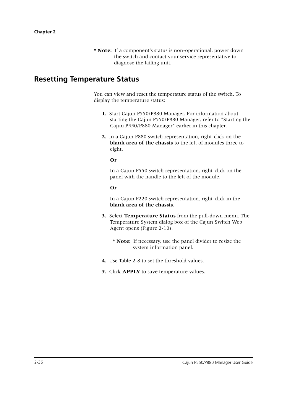 Resetting temperature status, Resetting temperature status -36 | Avaya Cajun P550 User Manual | Page 44 / 58