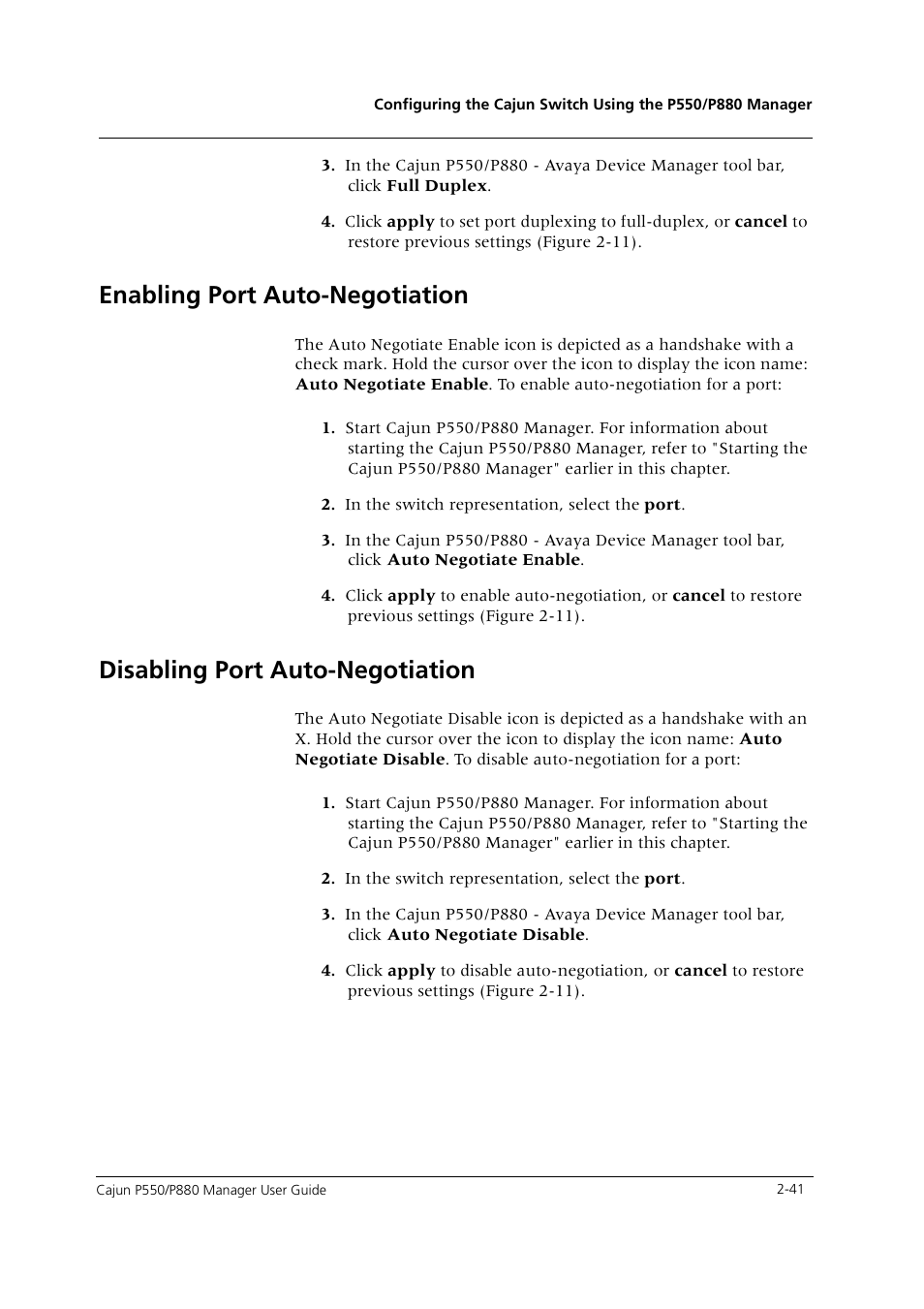Enabling port auto-negotiation, Disabling port auto-negotiation | Avaya Cajun P550 User Manual | Page 49 / 58