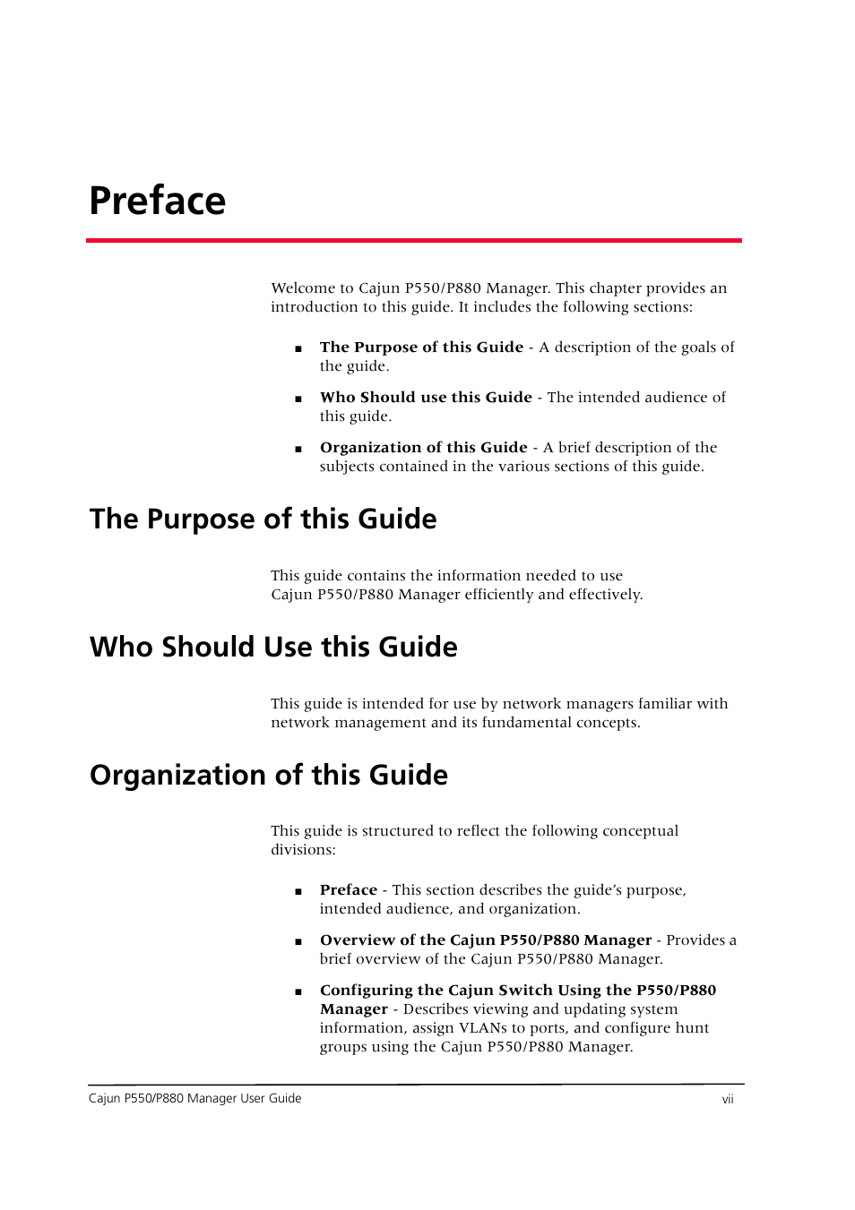 Preface, The purpose of this guide, Who should use this guide | Organization of this guide, Preface — vii | Avaya Cajun P550 User Manual | Page 7 / 58