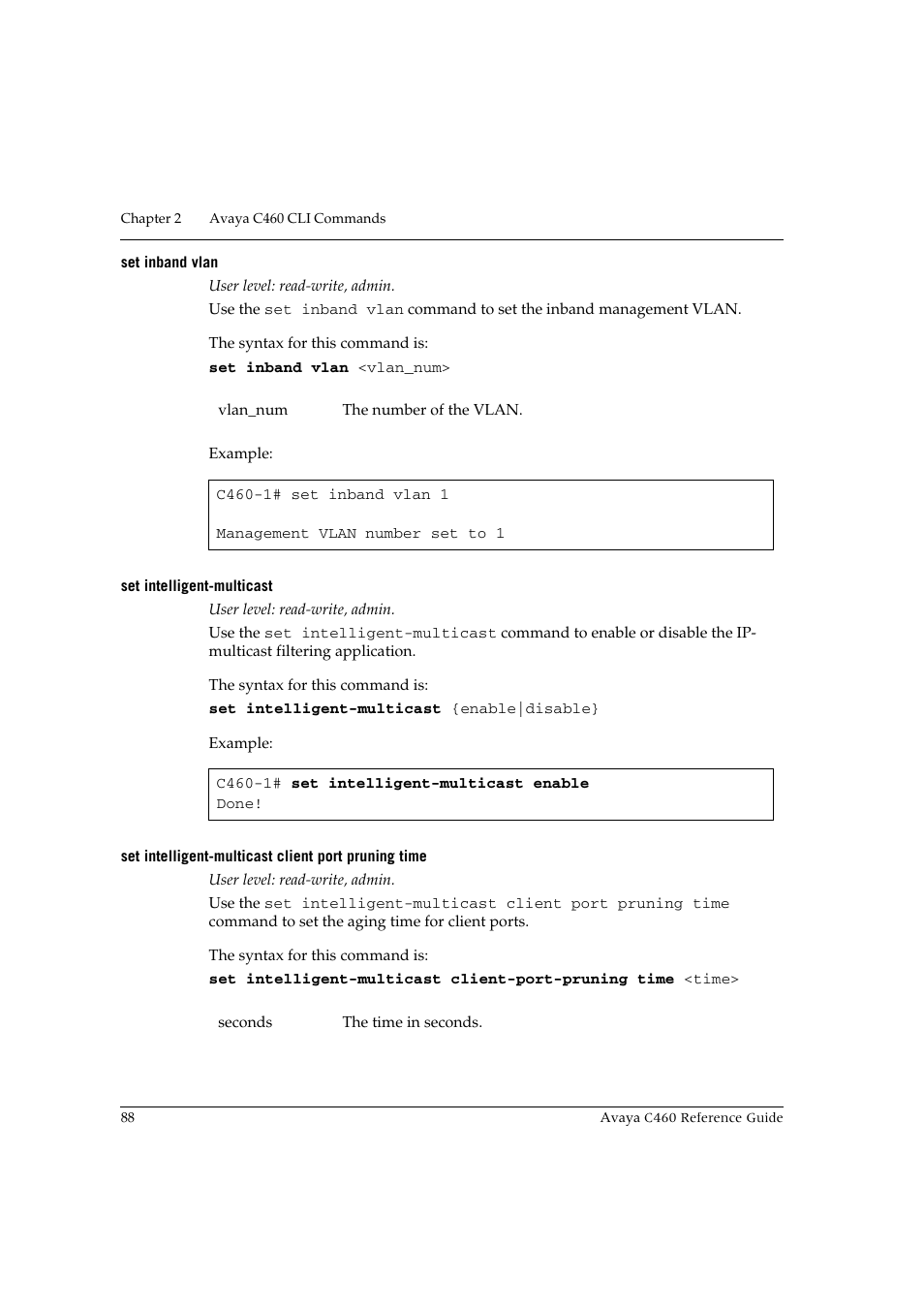 Set inband vlan, Set intelligent-multicast, Set intelligent-multicast client port pruning time | Avaya C460 User Manual | Page 100 / 268
