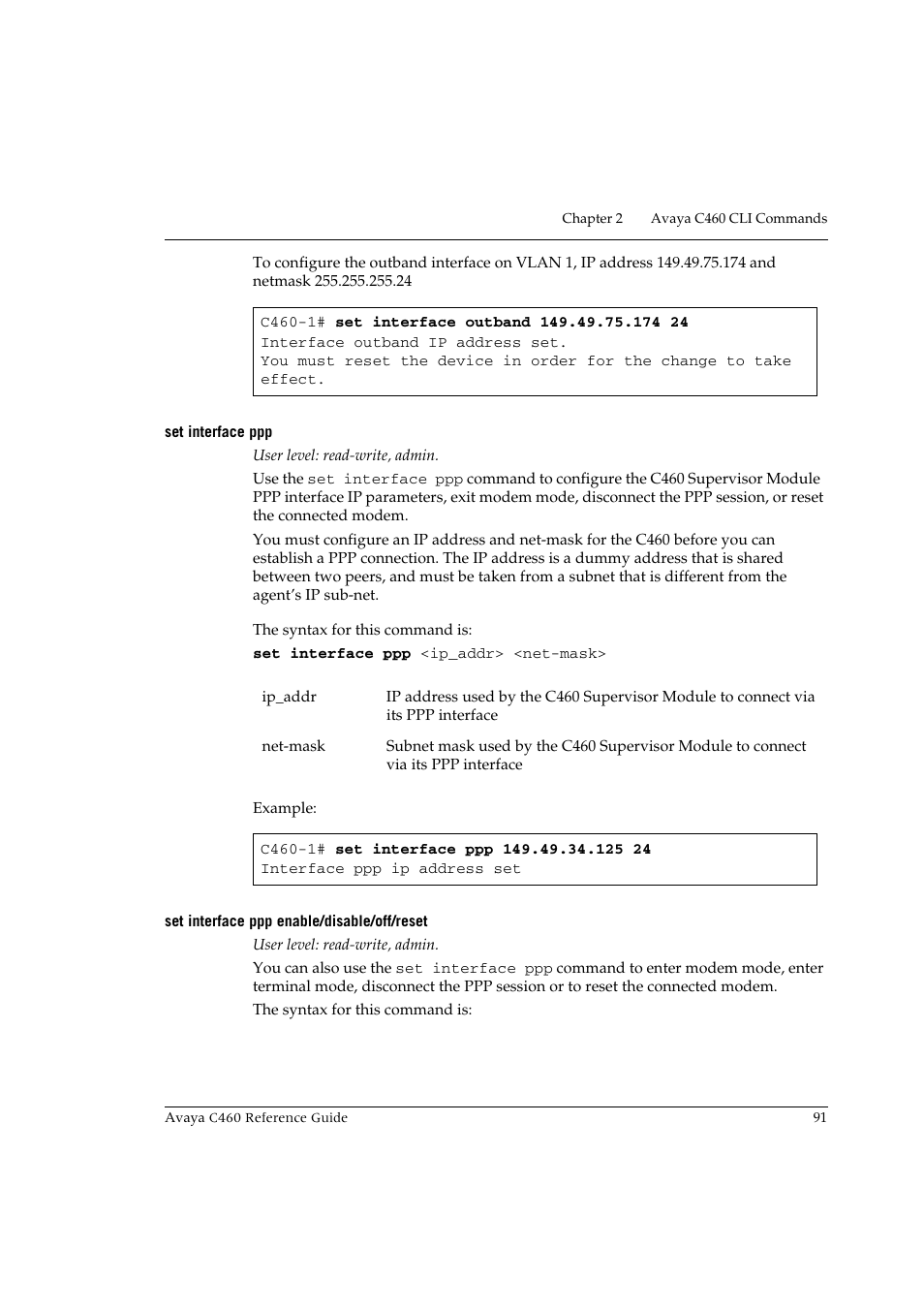 Set interface ppp, Set interface ppp enable/disable/off/reset | Avaya C460 User Manual | Page 103 / 268