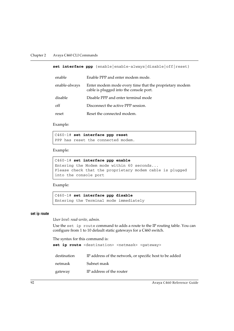 Set ip route | Avaya C460 User Manual | Page 104 / 268