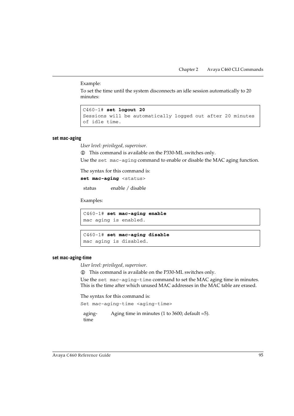 Set mac-aging, Set mac-aging-time, Set mac-aging set mac-aging-time | Avaya C460 User Manual | Page 107 / 268