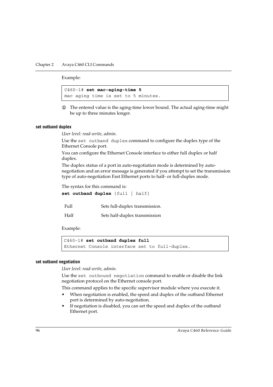 Set outband duplex, Set outband negotiation, Set outband duplex set outband negotiation | Avaya C460 User Manual | Page 108 / 268