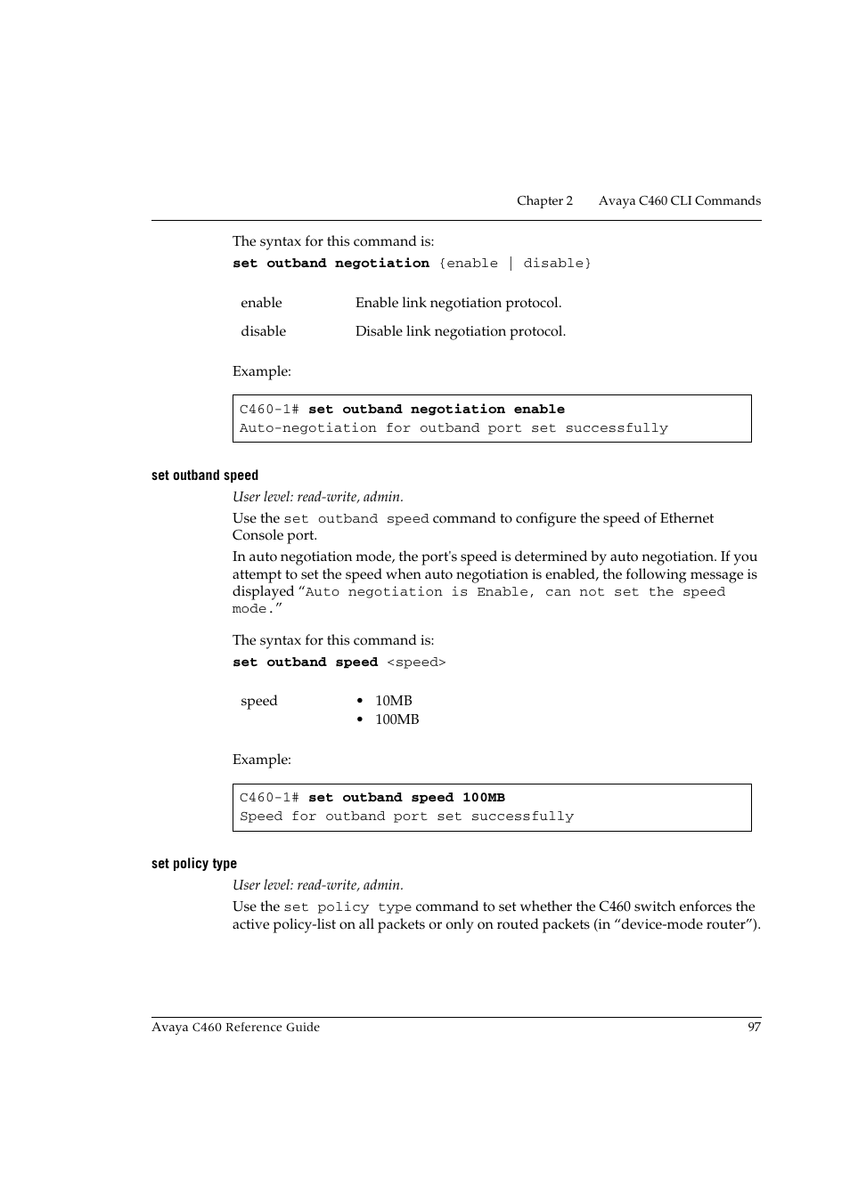 Set outband speed, Set policy type, Set outband speed set policy type | Avaya C460 User Manual | Page 109 / 268