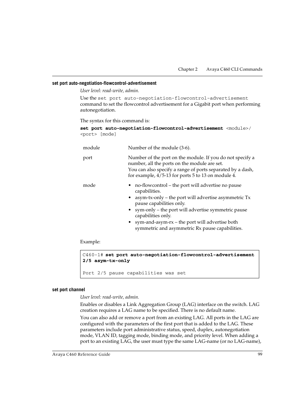 Set port channel | Avaya C460 User Manual | Page 111 / 268