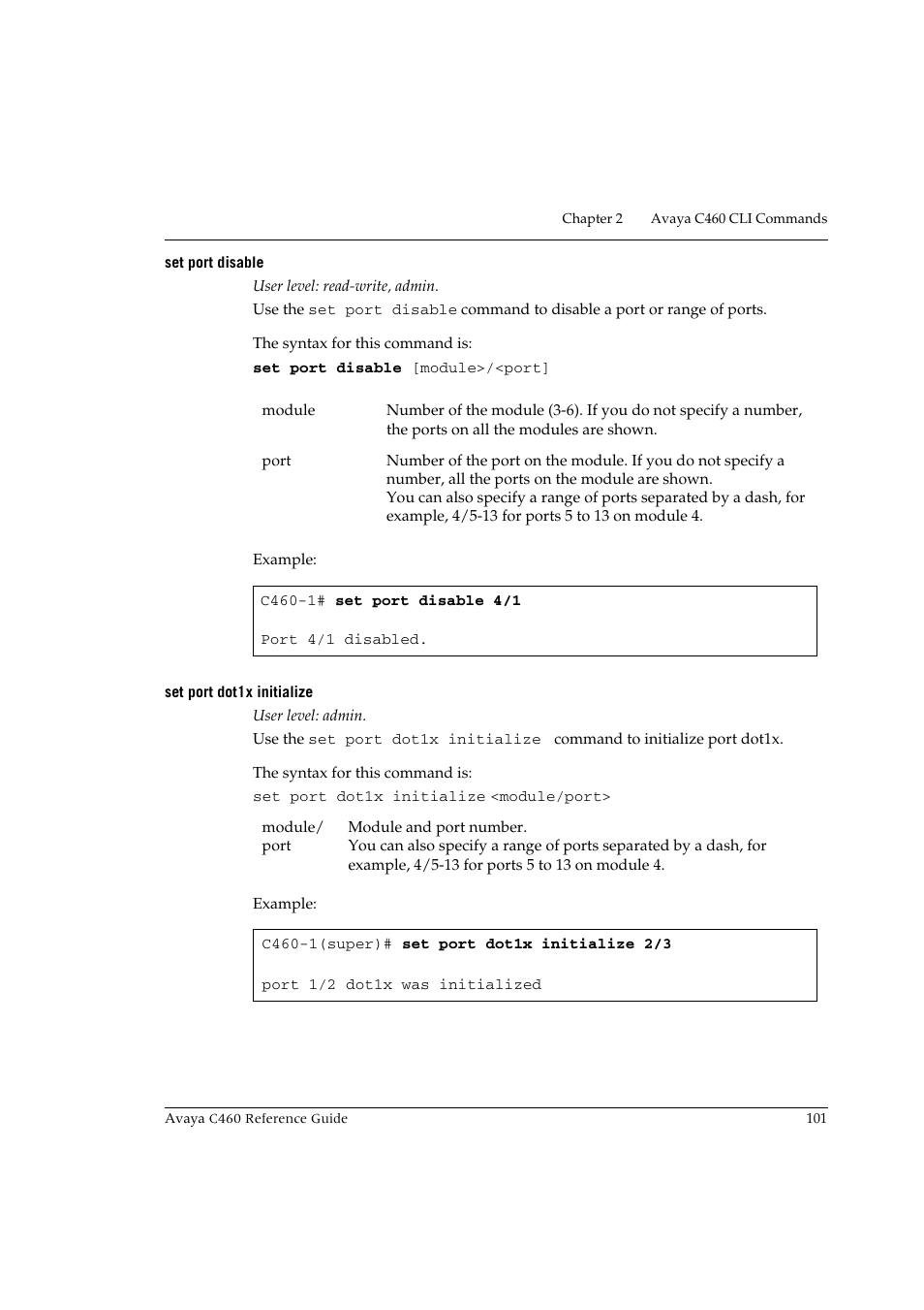 Set port disable, Set port dot1x initialize, Set port disable set port dot1x initialize | Avaya C460 User Manual | Page 113 / 268