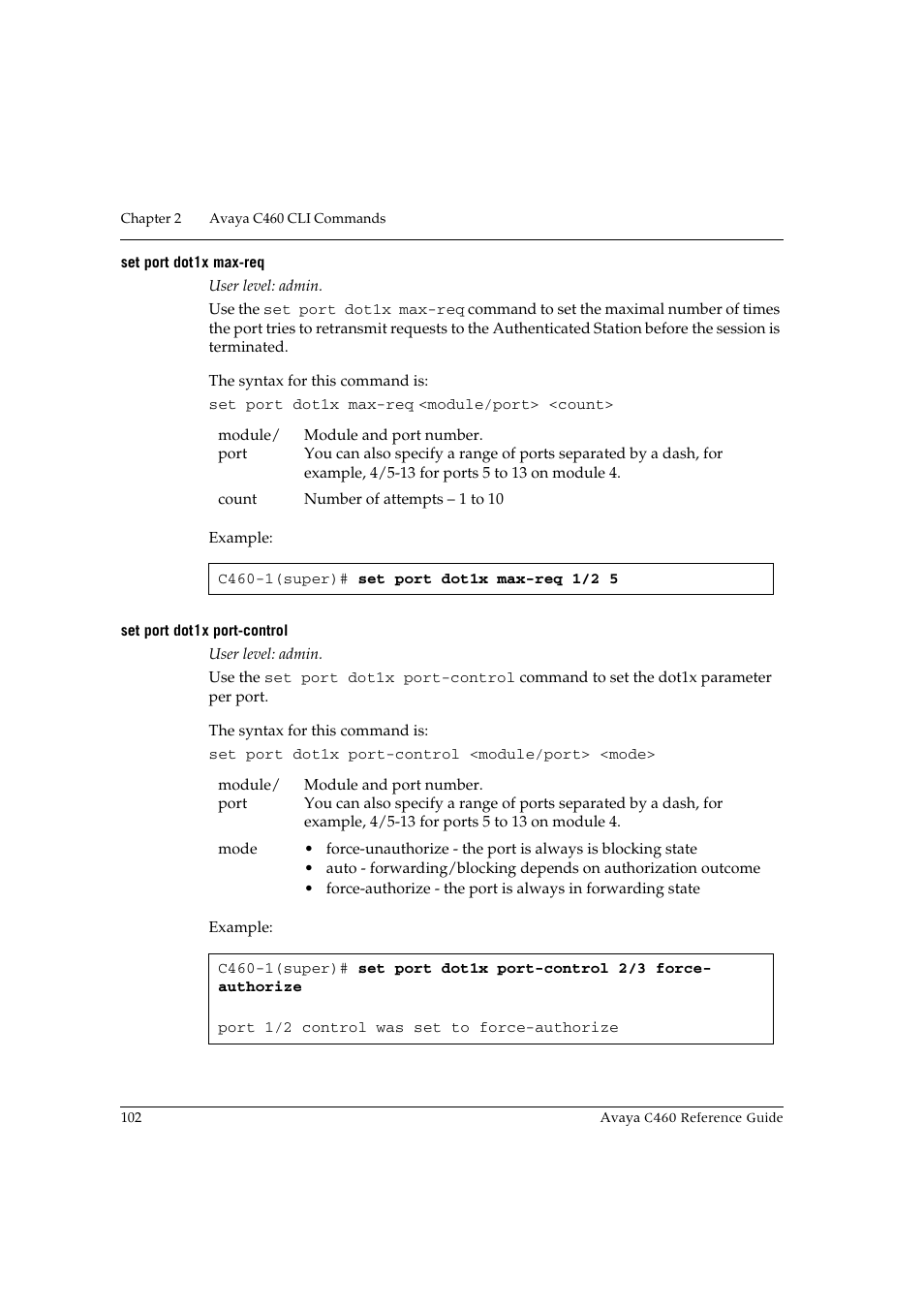 Set port dot1x max-req, Set port dot1x port-control, Set port dot1x max-req set port dot1x port-control | Avaya C460 User Manual | Page 114 / 268