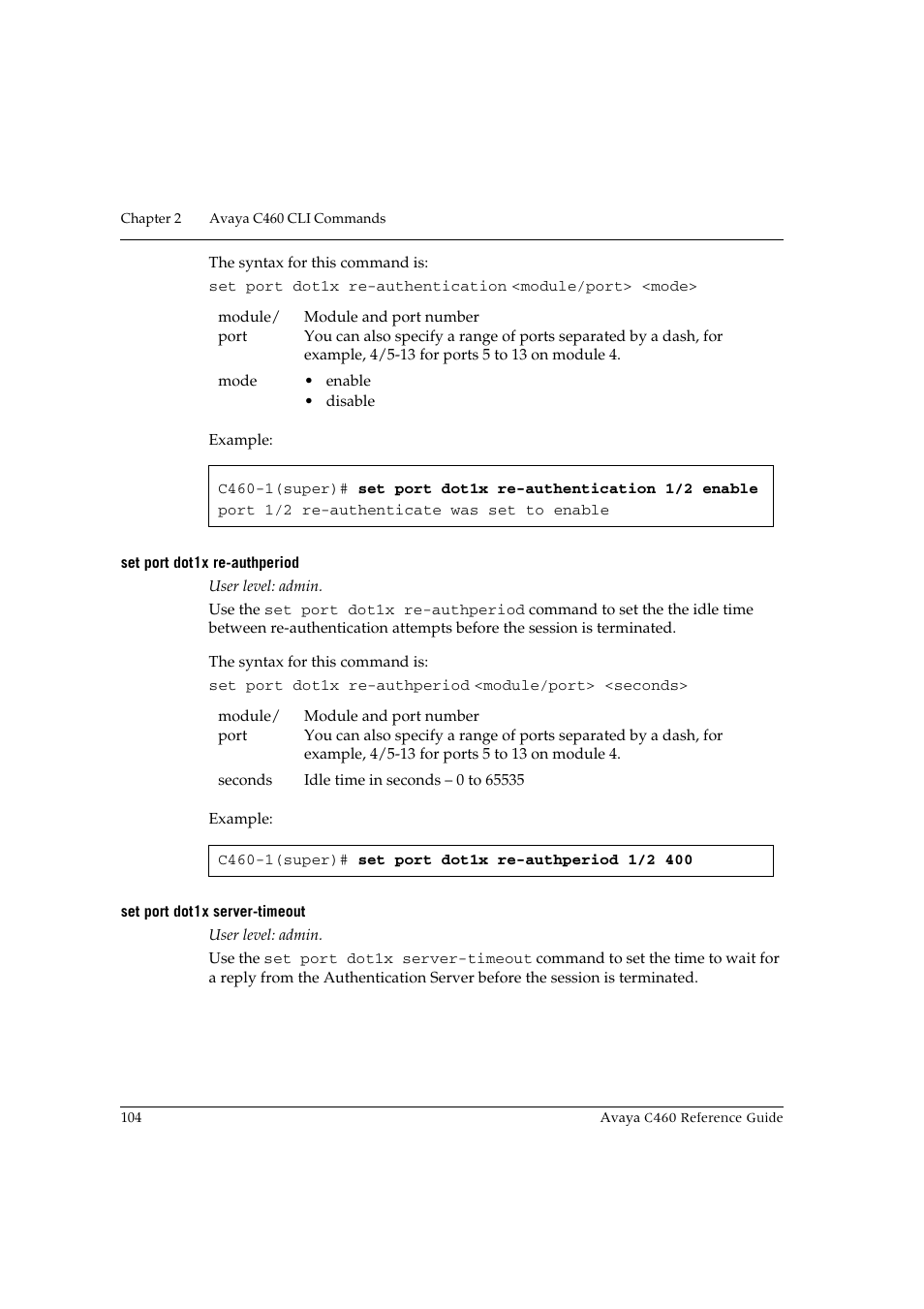 Set port dot1x re-authperiod, Set port dot1x server-timeout | Avaya C460 User Manual | Page 116 / 268